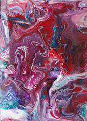 Red purple and blues, fluid painting, abstract background, flows and swirls