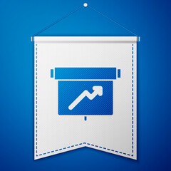 Blue Board with graph chart icon isolated on blue background. Report text file icon. Accounting sign. Audit, analysis, planning. White pennant template. Vector.