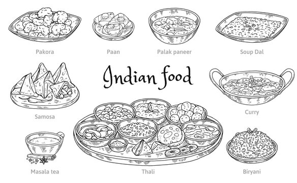 Set of indian food icons in hand engraved style vector illustration isolated.