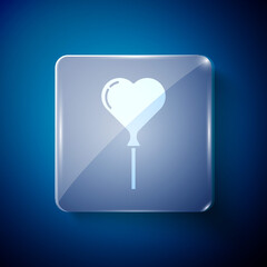 White Balloons in form of heart with ribbon icon isolated on blue background. Square glass panels. Vector.