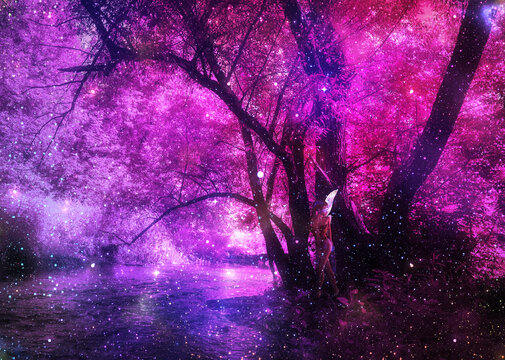 3d fairy in purple forest with river