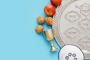 Composition with Passover Seder plate on color background
