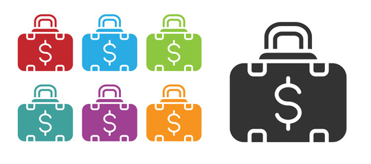 Black Briefcase and money icon isolated on white background. Business case sign. Business portfolio. Set icons colorful. Vector.