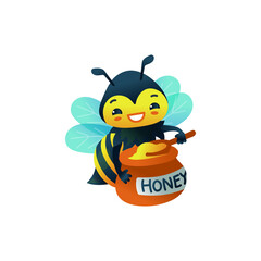 Little bee cute character with jar of honey flat vector illustration isolated.
