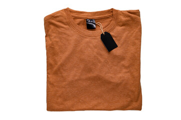 t-shirt with empty label and blank price tag or description info for Mock up isolated on white...