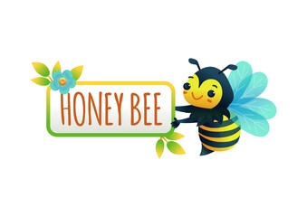 A vector cartoon character of cute happy bee with blue wings and signboard
