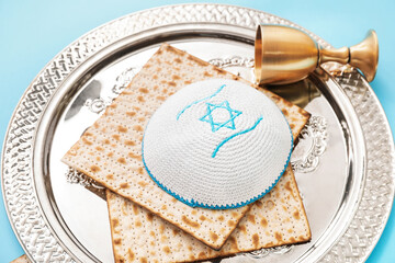 Composition with Passover Seder plate on color background