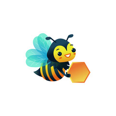 Little bee character with cell of honeycomb flat vector illustration isolated.