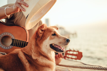 A man play guitar music song near the sea sunset and try wearing hat in dog head.