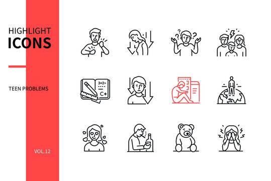 Teen Problems - Line Design Style Icons Set