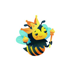 Obraz premium Cartoon character of bee queen in gold crown flat vector illustration isolated.