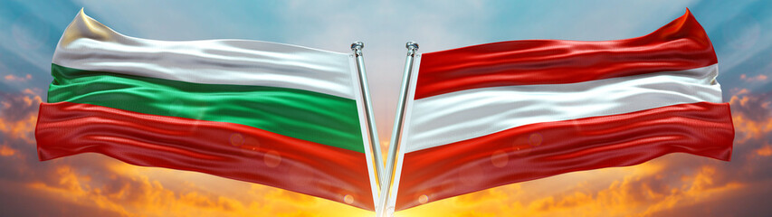 Austria Flag and Bulgaria flag waving with texture sky Cloud and sunset Double flag