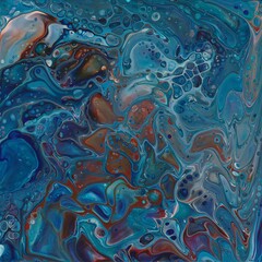 Abstract water flowing waves, poured paint painting in blues and browns