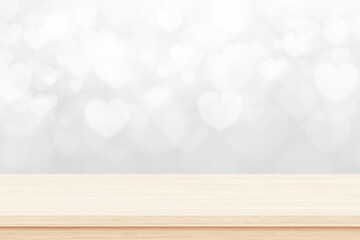 Empty deck table on gray background with heart shape. Valentines day concept
