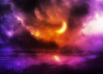 Crescent moon above river