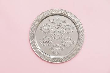 Passover Seder plate on color background