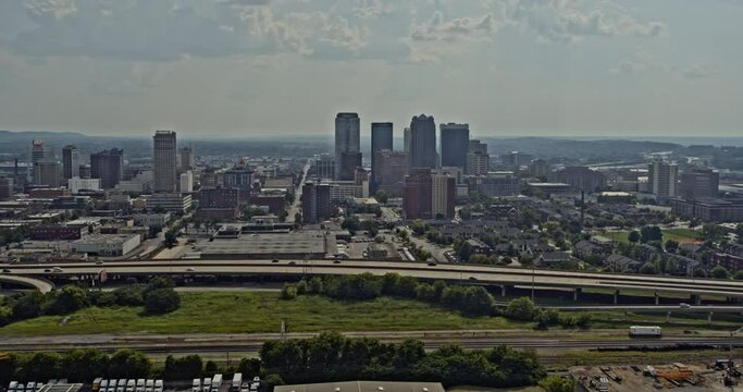 Birmingham Alabama Aerial v1 traffic at Interstate-20 highway in Central City with high-rise buildings in the background - Shot with DJI Inspire 2, X7, 6k - August 2020