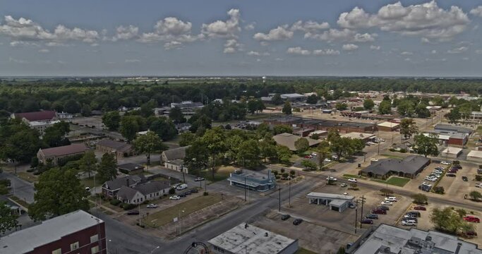 Blytheville Arkansas Aerial v1 buildings and trees around the historic Greyhound Bus Station on a sunny day - Shot on DJI Inspire 2, X7, 6k - August 2020