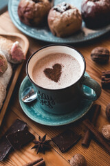 A cup of hot cocoa on the table. Desserts and sweets.