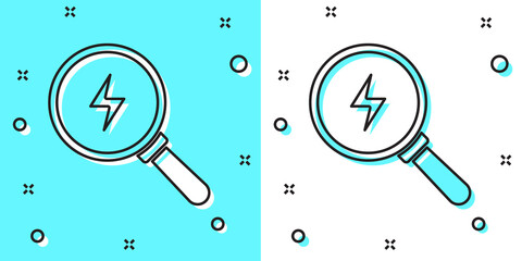 Black line Magnifying glass with lightning bolt icon isolated on green and white background. Flash sign. Charge flash. Thunder bolt. Lighting strike. Random dynamic shapes. Vector.