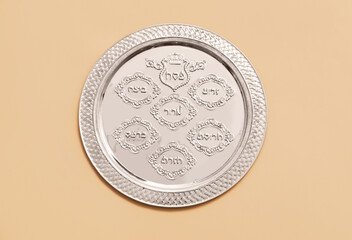 Passover Seder plate on color background