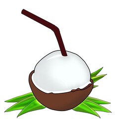 Half Coconut fruit with leaves on white background