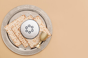 Fototapeta na wymiar Composition with Passover Seder plate on color background