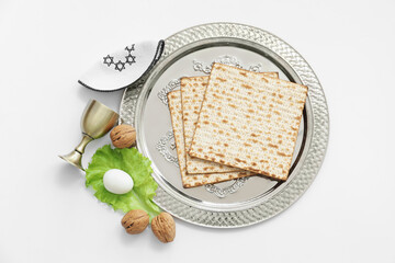 Composition with Passover Seder plate on white background