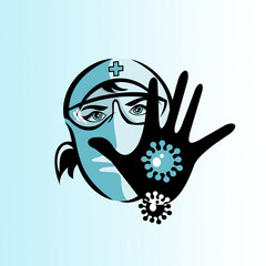 Vector illustration, poster, sign.  The doctor pushes the coronavirus away with his hand and calls for wearing a mask and keeping a distance.