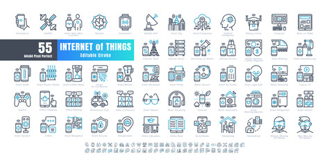 Fototapeta na wymiar 64x64 Pixel Perfect. Internet of Things (IOT). Bicolor Line Outline Icons Vector. for Website, Application, Printing, Document, Poster Design, etc. Editable Stroke