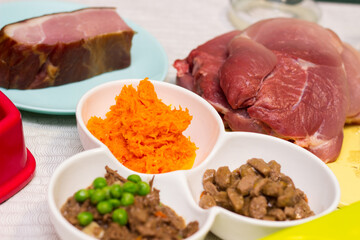 Preparing natural organic food for pets at home. Raw ingredients for pet food in bowl