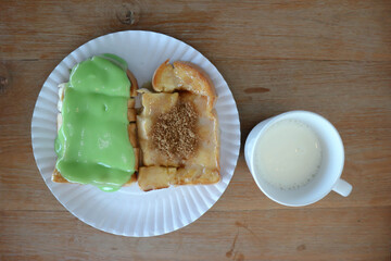 toast with custard topping and milk