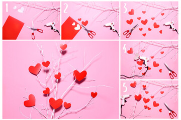 Step by step instruction. Making of a white tree with paper red hearts for Valentine's day. DIY concept. Decoration or greeting card. 