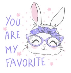 Fototapeta premium Hand Drawn Cute Bunny with glasses and a bow with flowers and lettering, Rabbit vector illustration. children print design