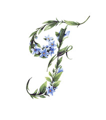 Hand drawn floral letter F in botanical style. Calligraphic watercolor letter with forget-me-not flowers. Floral alphabet letter. Initial letter for logo, cards, invitations and decor.