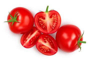 Tomato with slices isolated on white background. Clipping path and full depth of field. Top view. Flat lay