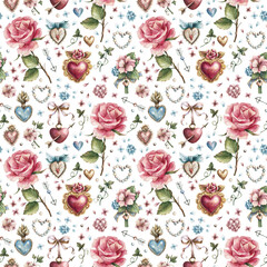 Watercolor seamless pattern with romantic vintage hearts and delicate flowers. Hand-drawn roses, hydrangeas, crystal and gold hearts. Texture for scrapbooking, wrapping paper, invitations.