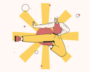 A man practises Japanese martial arts. Ninja fly style. Vector illustration for sport and activity contents, blog, vlog, telework, remote working and freelancing, business, start up and social media