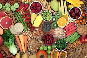 Clean eating high fibre health food for good digestive gut health with fruit, vegetables, nuts, grains, pasta, cereals & legumes. Also high in antioxidants,  vitamins, lycopene omega 3 & protein.