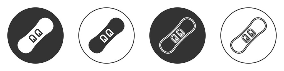 Black Snowboard icon isolated on white background. Snowboarding board icon. Extreme sport. Sport equipment. Circle button. Vector.