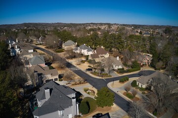 Aerial panoramic view of an upscale subdivision in suburbs of USA