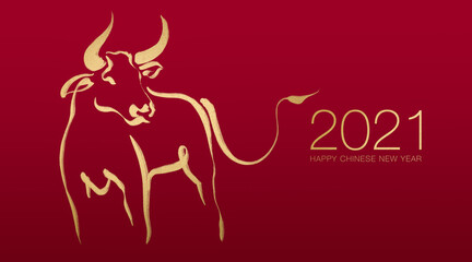 Happy Chinese new year 2021 year by gold brush stroke abstract paint of the ox isolated on red background. - obrazy, fototapety, plakaty