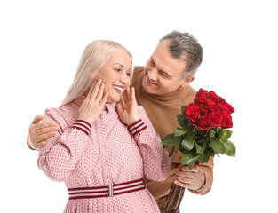 Mature couple with flowers on white background. Valentine's Day celebration