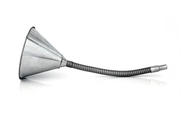 Flexible galvanised metal funnel used to funnel oil or any liquid. On white background with copy space.
