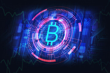 bitcoin mining cryptocurrency concept in red blue dark style, earning cryptocurrency, digital, electronic money. 3D illustration