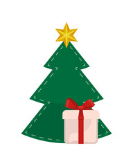 happy merry christmas white gift and red bow in pine tree