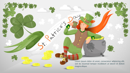Flat illustration banner for St. Patricks Day themed designs a guy with a mug of ale leaning on a pot of gold coins against the background of the flag of Ireland