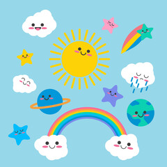 Hand drawn kawaii sky characters collection - start , Earth , planet, cloud, rainbow. Cute cartoon kawaii happy character. Funny kids design hand drawn icon with face vector illustration