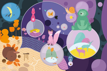 MYOW make your own world - a cute squirrel dreams of an abstract landscape made of bubbles with fantastic animals in a vector illustration