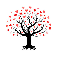 Fototapeta premium Tree silhouette with leaves - hearts, romantic decoration for Valentine's Day. Symbol of love, relationships and romance for the holiday on February 14. Isolated. Vector
